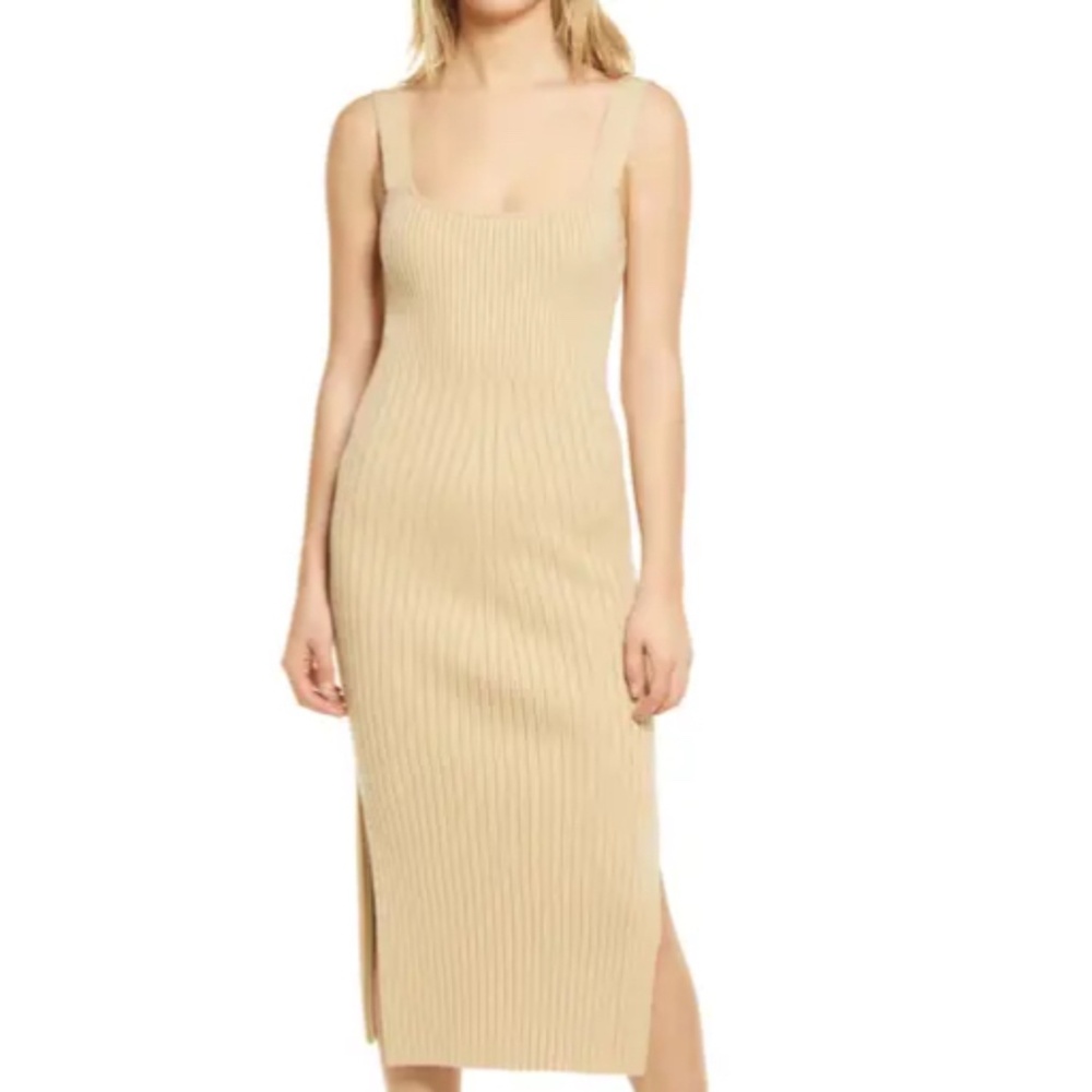 Nordstrom NWOT Wayf Gillian Khaki Ribbed Knit Strap Bodycon Sweater dres…